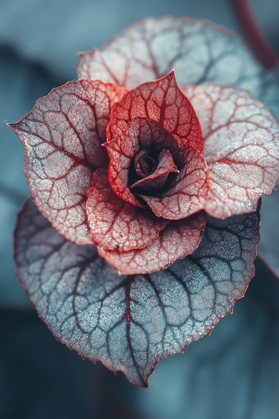 Close-up of a Rex Begonia leaf showing intricate spiraled patterns in deep burgundy and silver hues, with velvety texture, soft natural light highlighting its bold and artistic foliage.