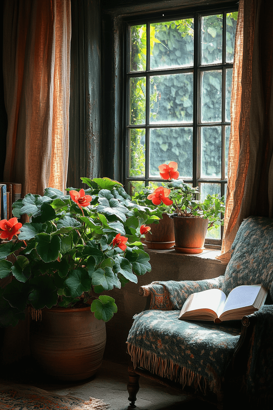 Lush green Rhizomatous Begonia leaves in a cozy reading nook with soft dappled sunlight filtering through a window, evoking quiet healing and calm.