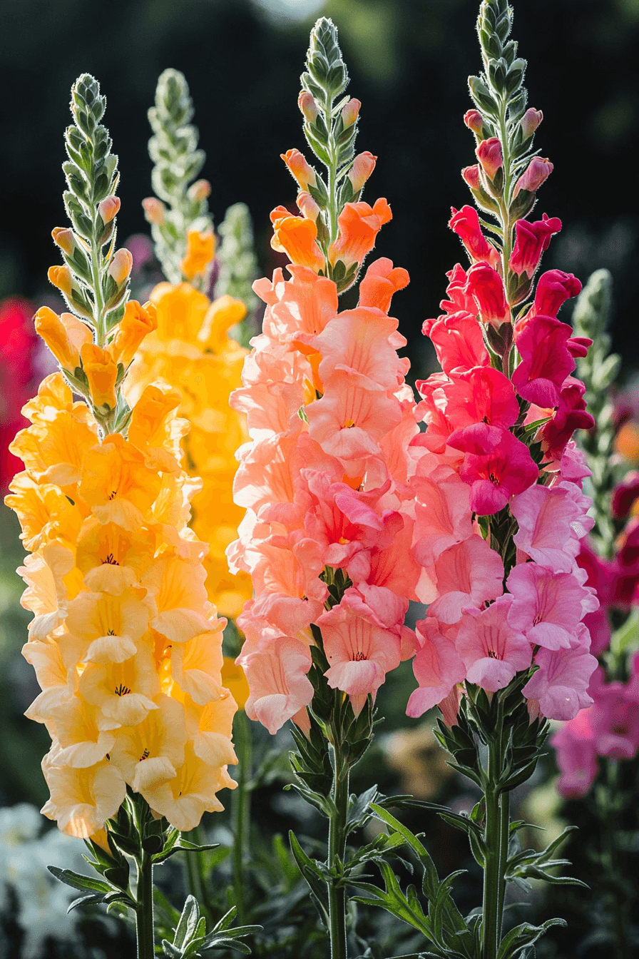 Tall and bold snapdragon flowers from the Rocket Series, displaying bright red, yellow, pink, and orange spikes in a sunlit garden bed.