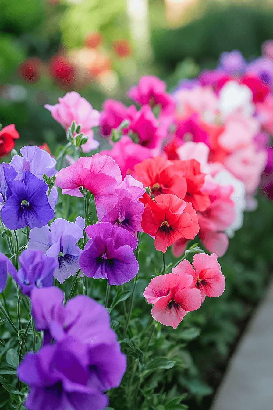 Ruffled Royal Family Mix Sweet Pea flowers displaying vivid jewel-toned petals in deep purple, bright red, soft pink, and pure white, captured in vibrant garden light with rich texture and color depth.