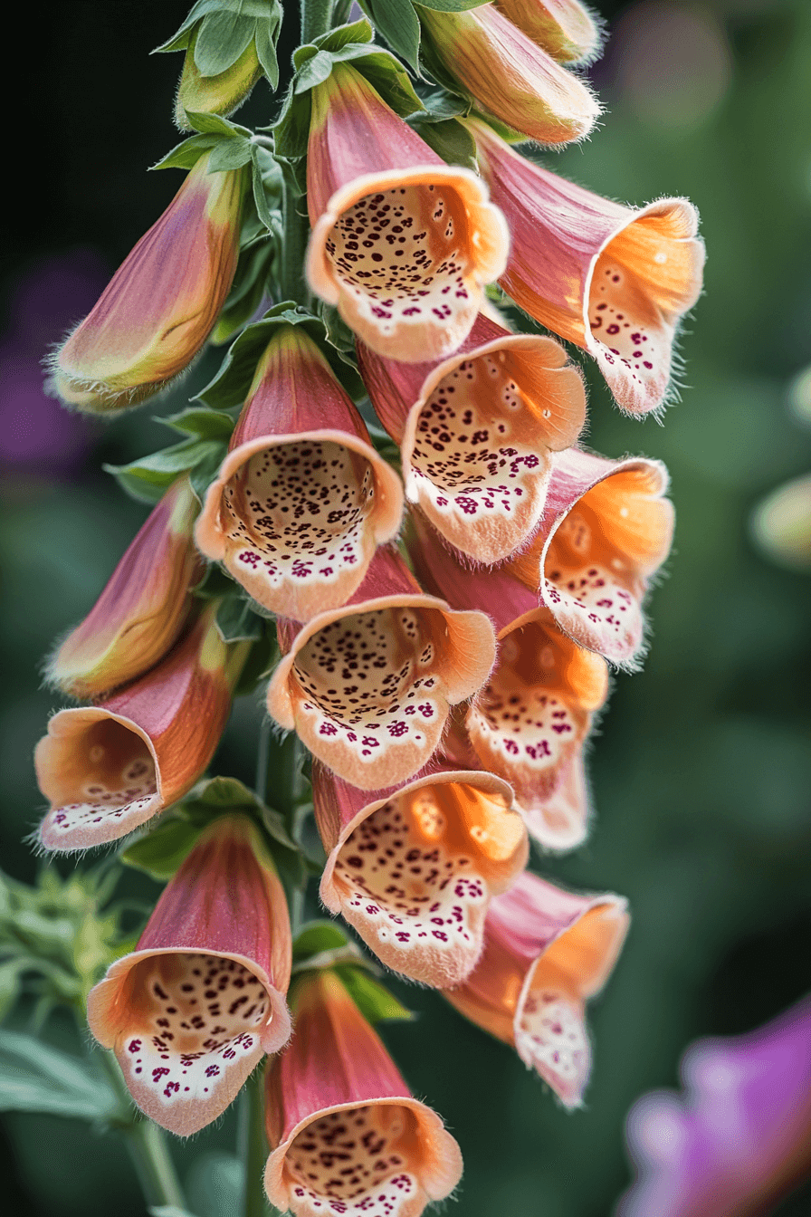 Rust-colored rusty foxglove flowers (Digitalis ferruginea) with deep copper bell-shaped blooms, detailed petals, and green foliage softly lit in a natural outdoor environment