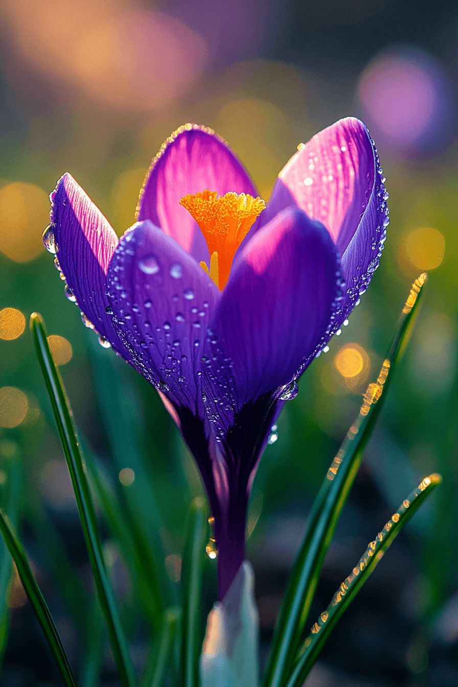 Vibrant violet petals of ‘Ruby Giant’ crocus sparkling with dew, signaling spring’s first breath.