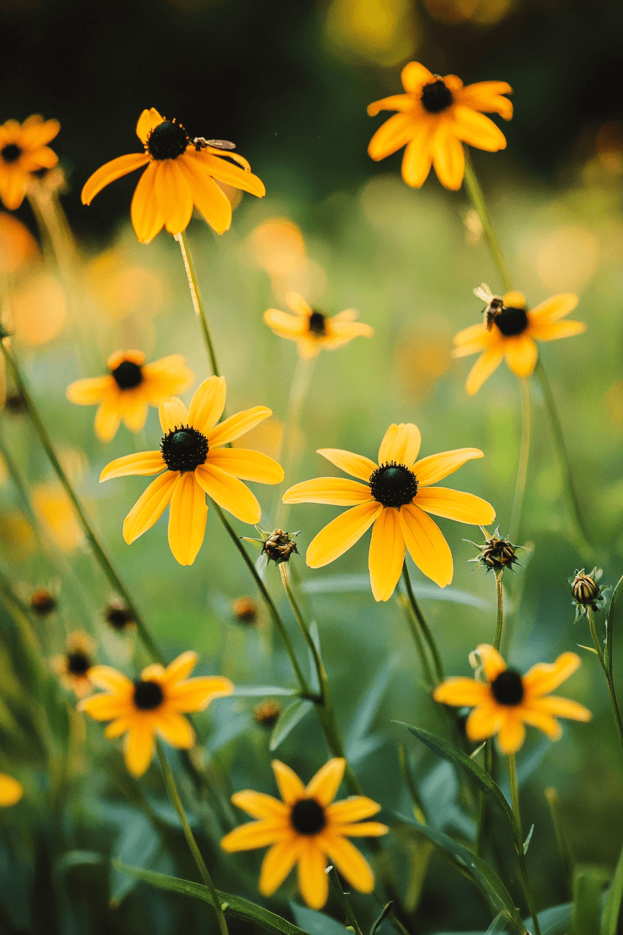 Delicate Rudbeckia triloba wildflowers with three-lobed leaves and slender yellow petals featuring dark centers, blooming naturally in a wildflower meadow with butterflies nearby.