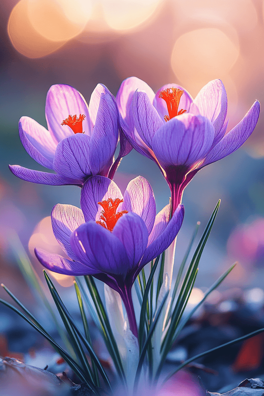 Purple saffron crocus in bloom, with vivid red threads, captured during morning harvest in warm, healing light.