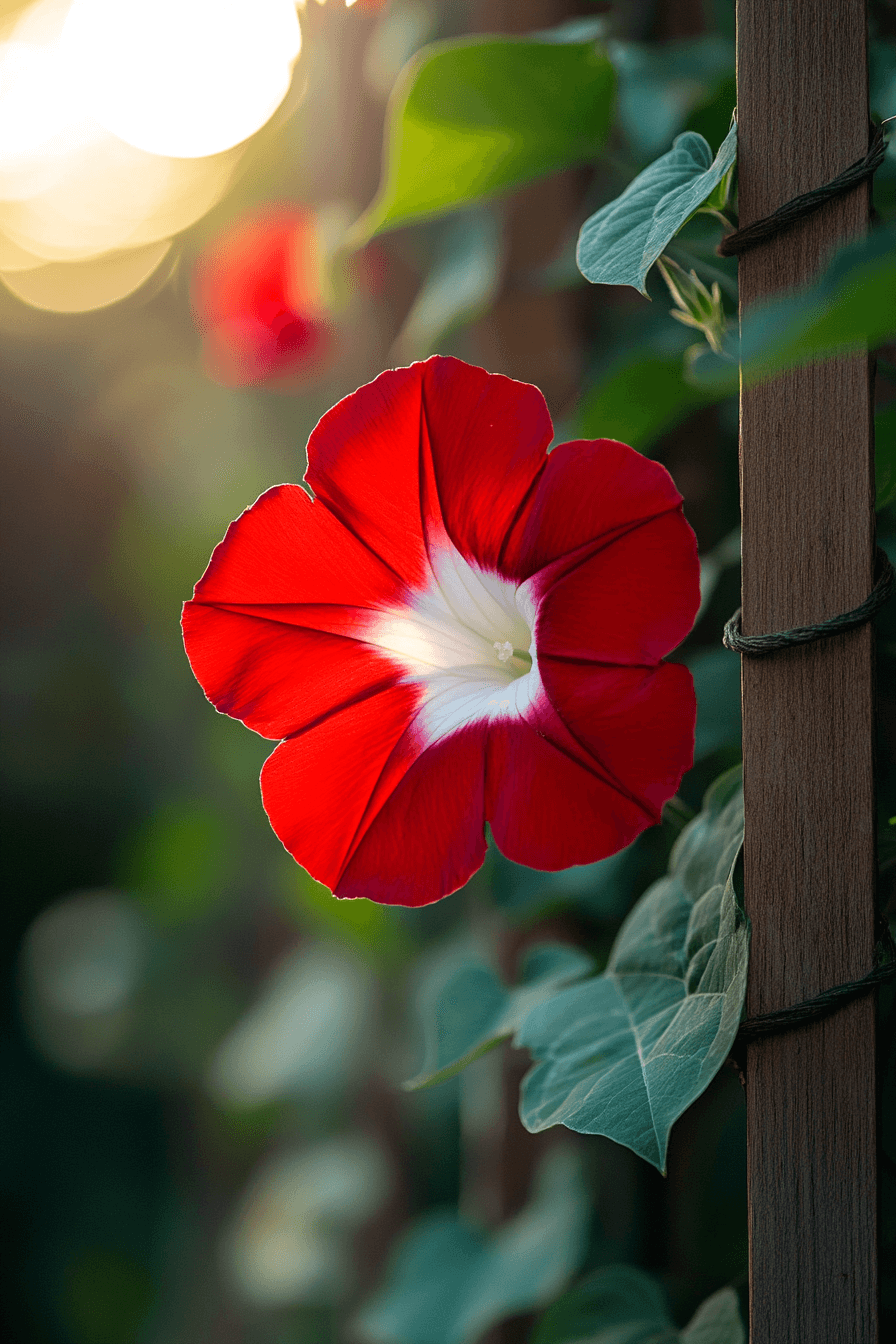 Scarlett O’Hara morning glory with bold crimson-red petals and a white center, growing upward on a wooden support with expressive energy.