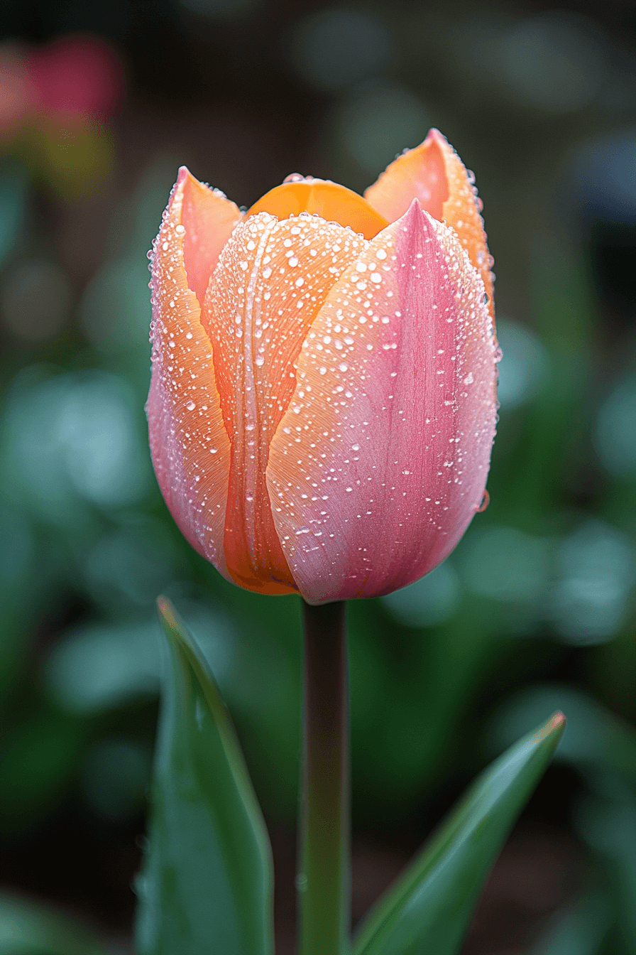 Apricot-hued Single Early tulip blooming alone in cool morning light, symbolizing gentle beginnings and courage.