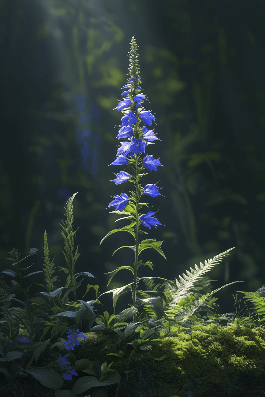 Soft blue flower spikes of Lobelia siphilitica rising through moist woodland soil, nestled among moss and fern under dappled light.