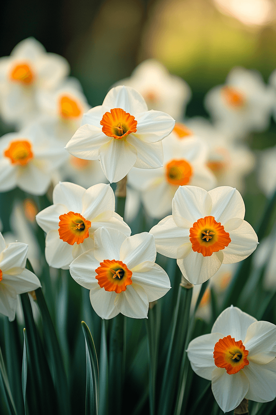 Refined white daffodils like 'Barrett Browning' with small orange-red cups, blooming quietly among green leaves in a peaceful spring corner