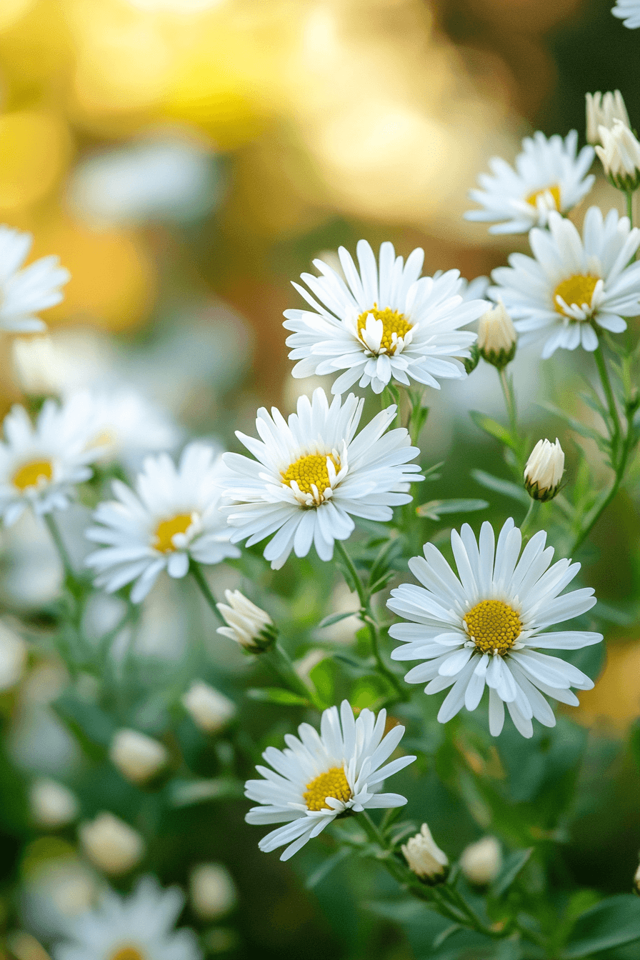 Ground-level Snow Flurry Aster covered in pure white daisy-like flowers, creating a delicate and soft carpet-like effect in the autumn garden.