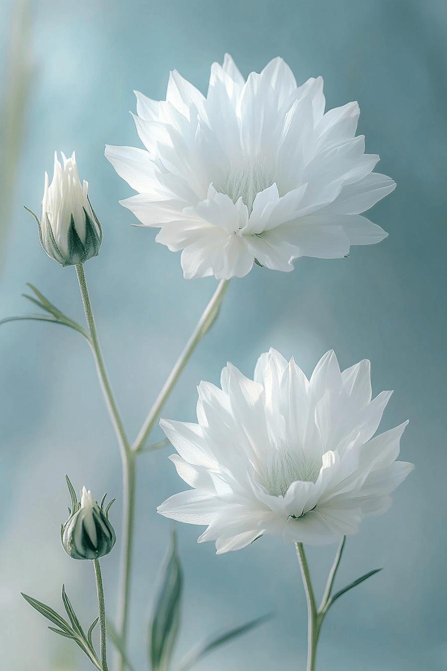 Pure white Snowman cornflower with delicate, lacy petals, glowing softly in morning light against a quiet garden backdrop.
