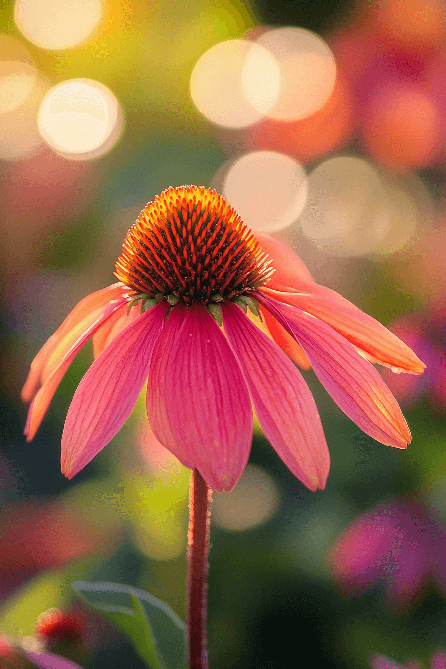 A glowing ‘Sombrero Hot Coral’ coneflower with fiery coral-red petals, radiating warmth and joy in the summer sun — a true celebration bloom.