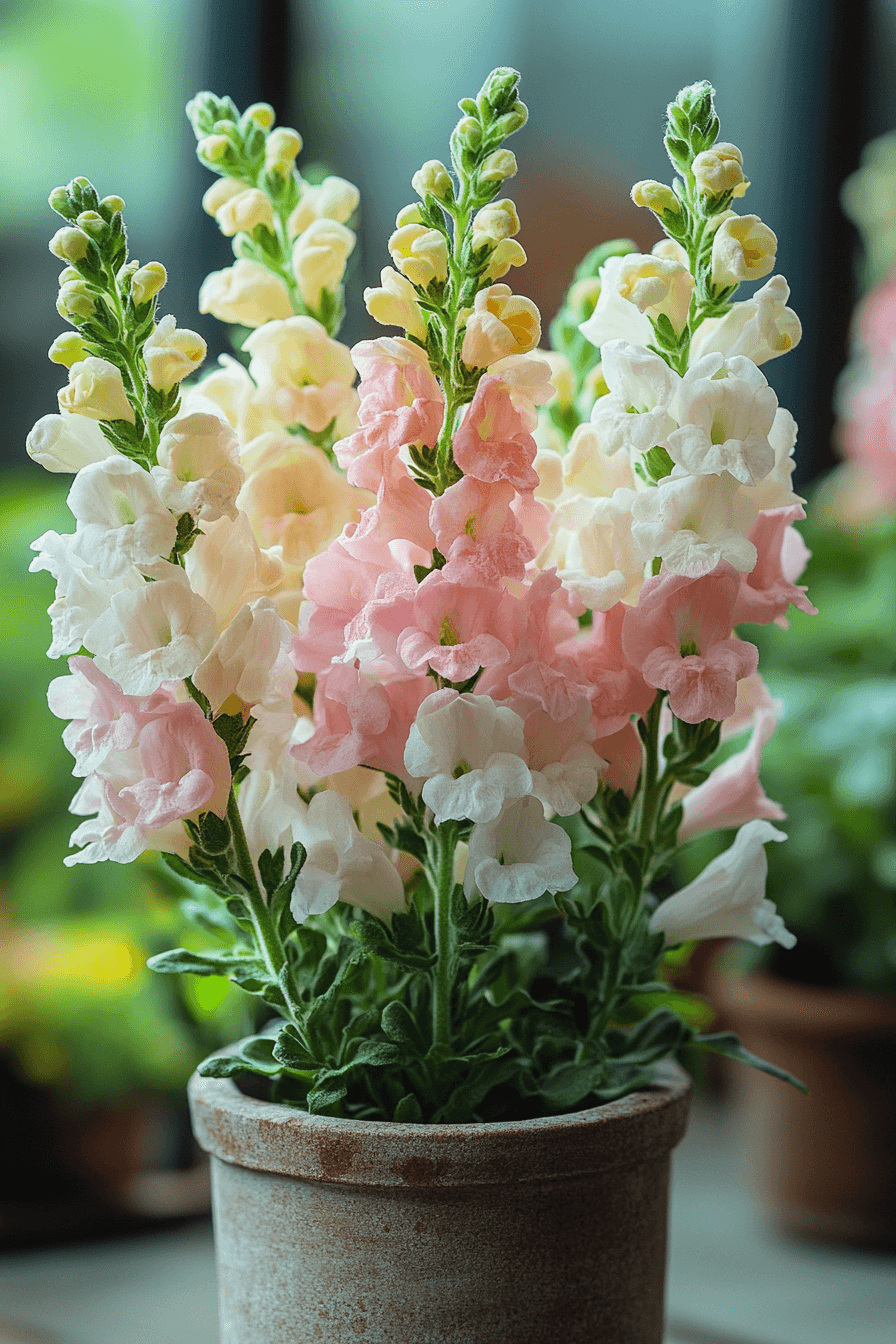 Compact clusters of soft pastel-colored snapdragon flowers from the Sonnet Series, including shades of pink, white, and creamy yellow, growing closely in a small garden pot.