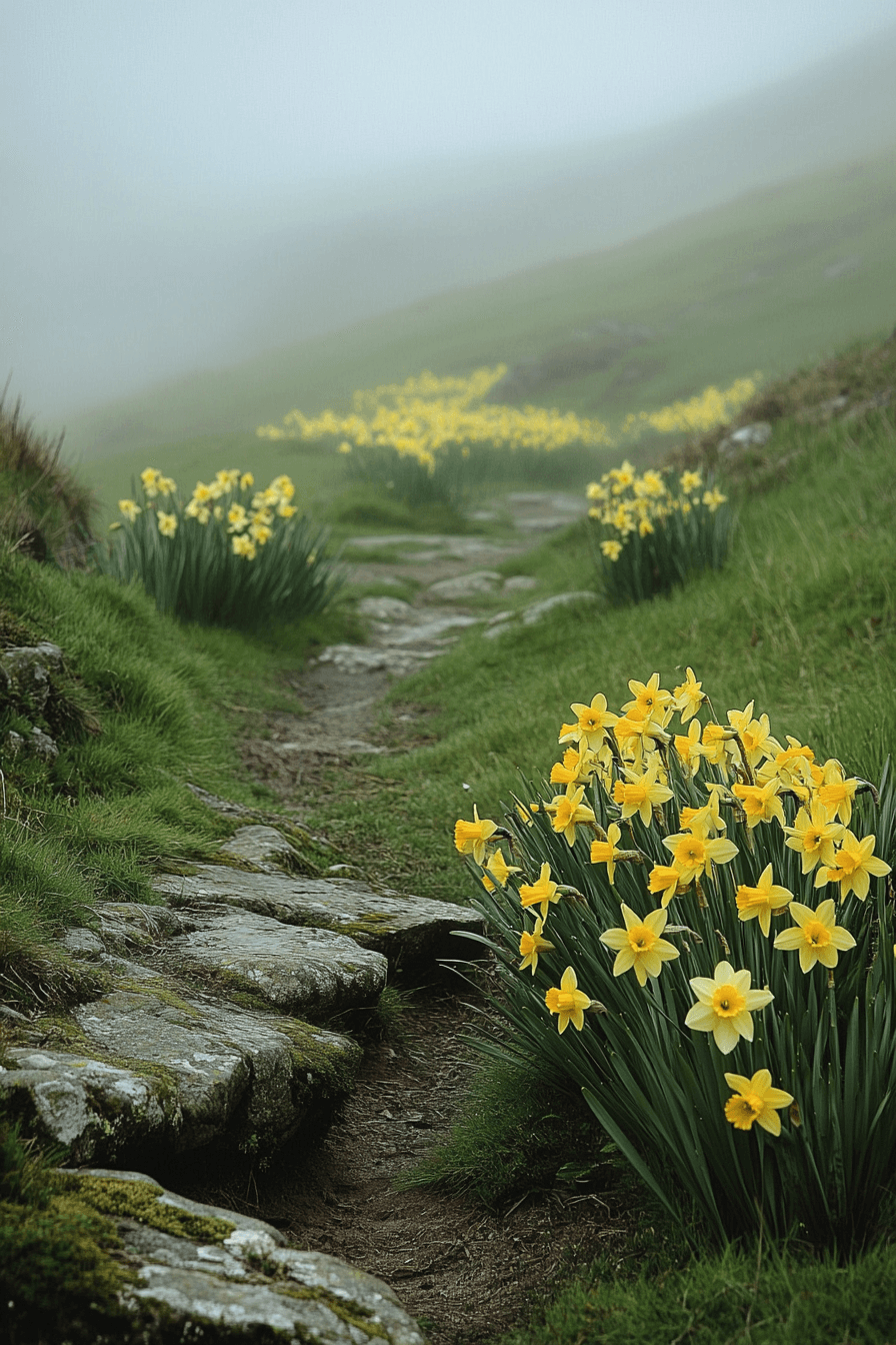 Wild daffodils like Narcissus pseudonarcissus blooming naturally along a mossy path, surrounded by meadow grass and early morning light