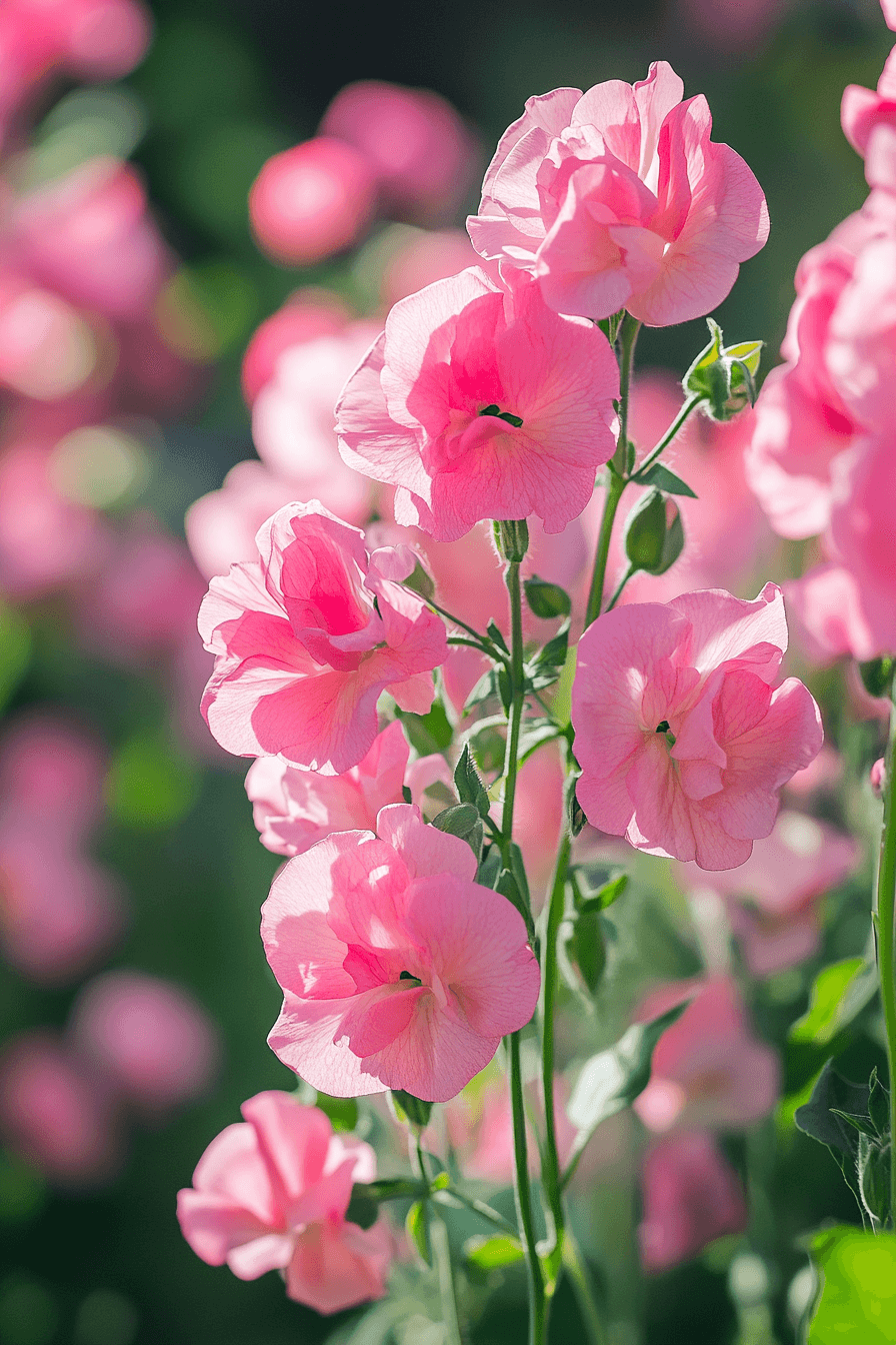 Lush Spencer Series Sweet Pea flowers with velvety, rose-like petals in deep pink hues, climbing gracefully on green vines, bathed in gentle sunlight that accentuates their natural elegance.
