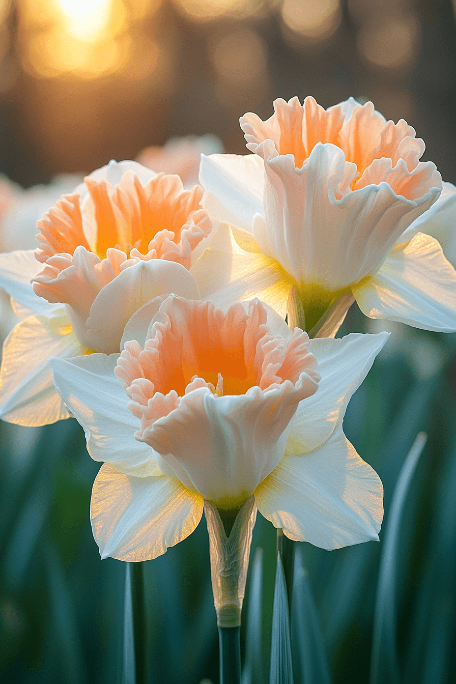 Unique split-corona daffodils like 'Cassata', showing frilled petal-like cups and soft pastel colors, blooming with artistic asymmetry