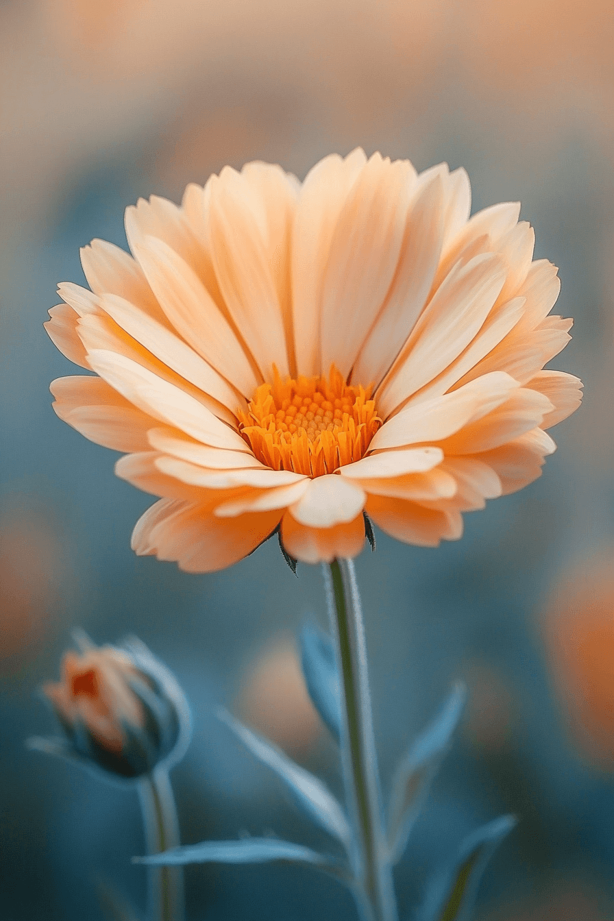 Macro photograph of a Calendula flower with soft gradient petals blending blush apricot, rose, and gold, capturing tender complexity and softness.