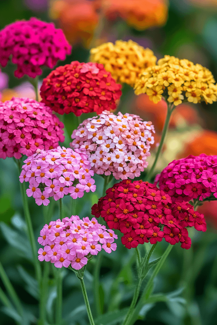 Cluster of Achillea ‘Summer Berries’ Yarrow flowers in vibrant reds and pinks, set in a sunlit garden scene.