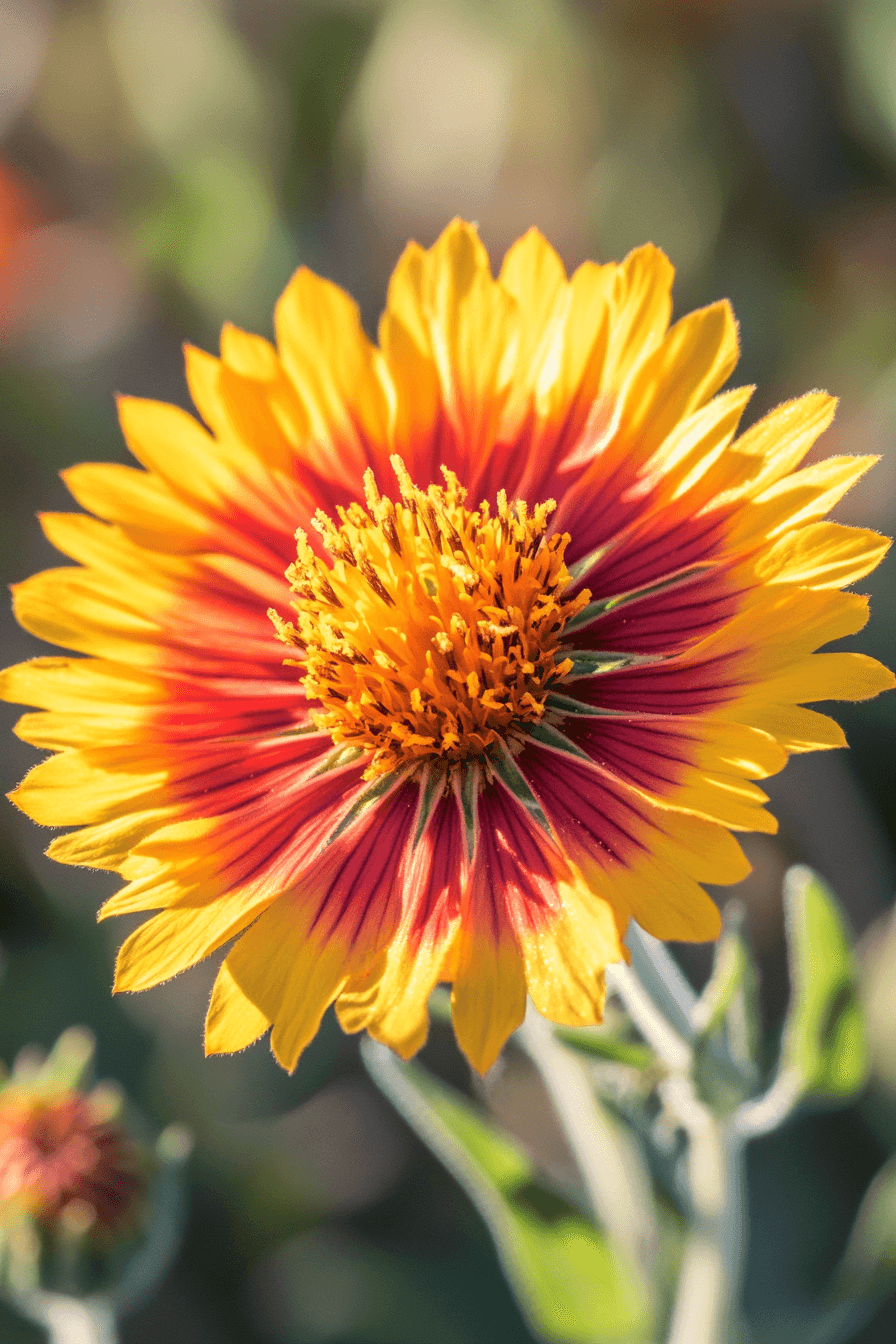 A vivid close-up of Gaillardia ‘Arizona Sun’ flower with bright orange and yellow petals glowing in bright sunlight against a desert-like natural backdrop