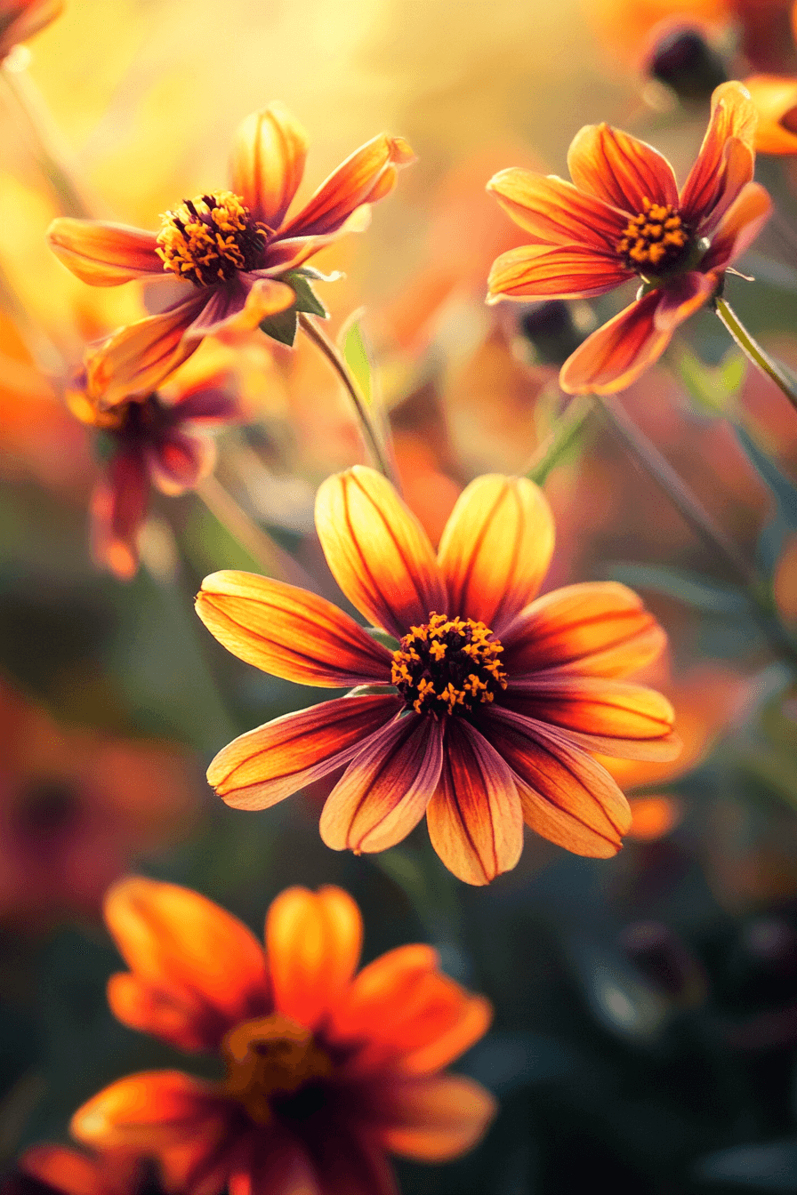 Coreopsis ‘Sunfire’ flowers displaying fiery orange and red petals, captured in sharp detail with soft natural light.