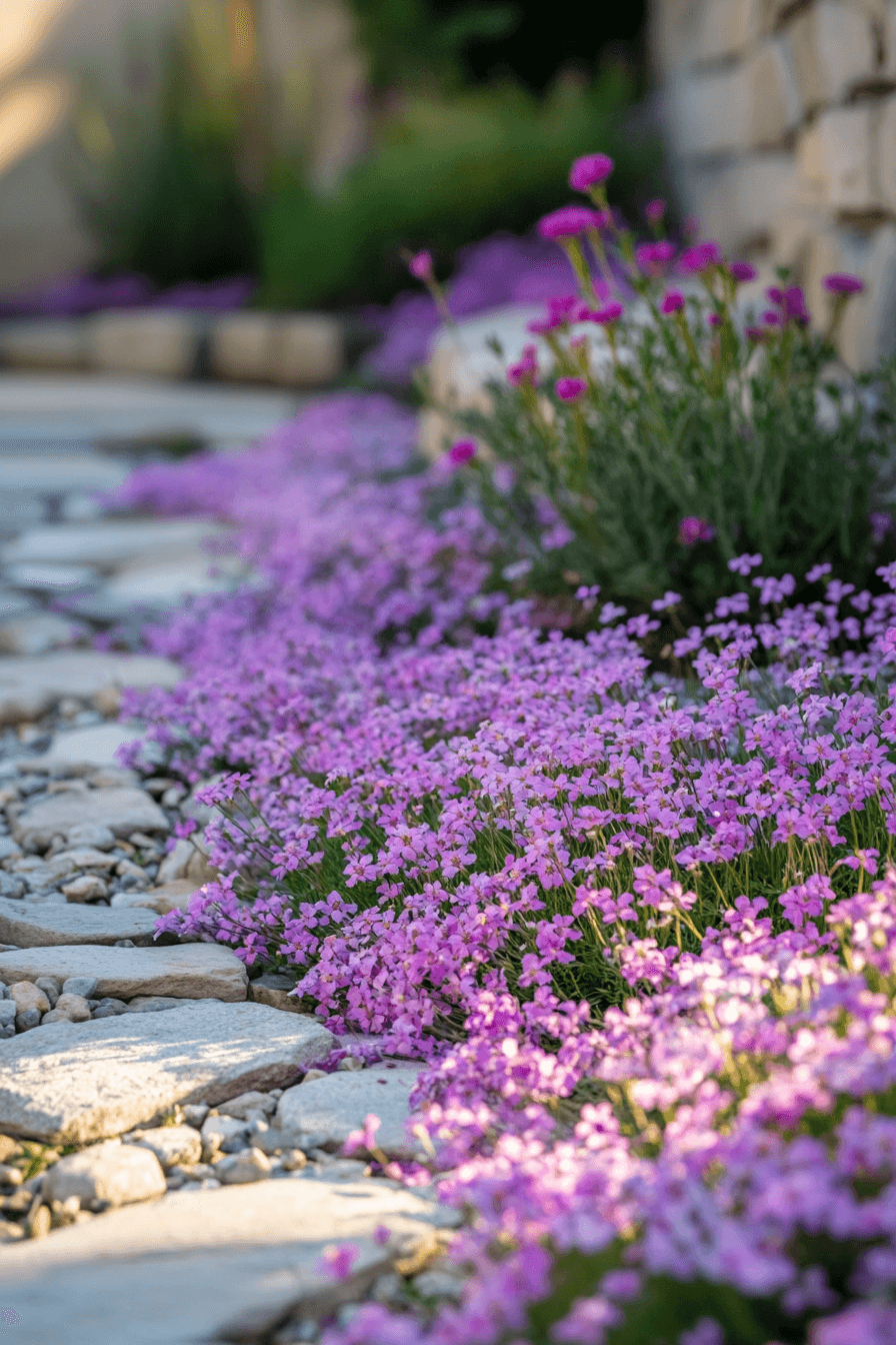 Tapien Verbena forming a soft carpet of lavender and blush blooms, gently creeping across a peaceful garden bed