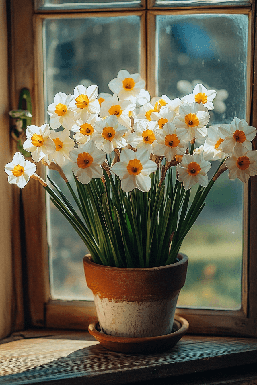 Tazetta daffodils like 'Paperwhite' blooming indoors in rustic terracotta pots on a windowsill, surrounded by soft natural winter light