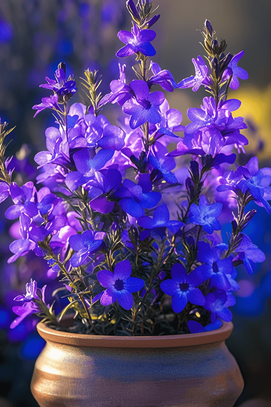 Vivid purple and electric blue Lobelia from the Techno Heat Series thriving in full sun, displayed in a modern container garden.