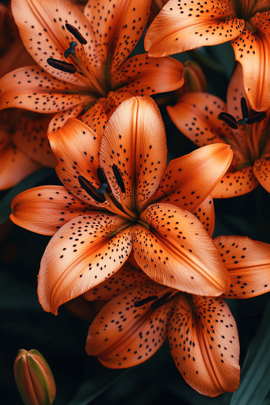 Striking tiger lilies with bright orange petals and black spots, radiating wild beauty and individuality.