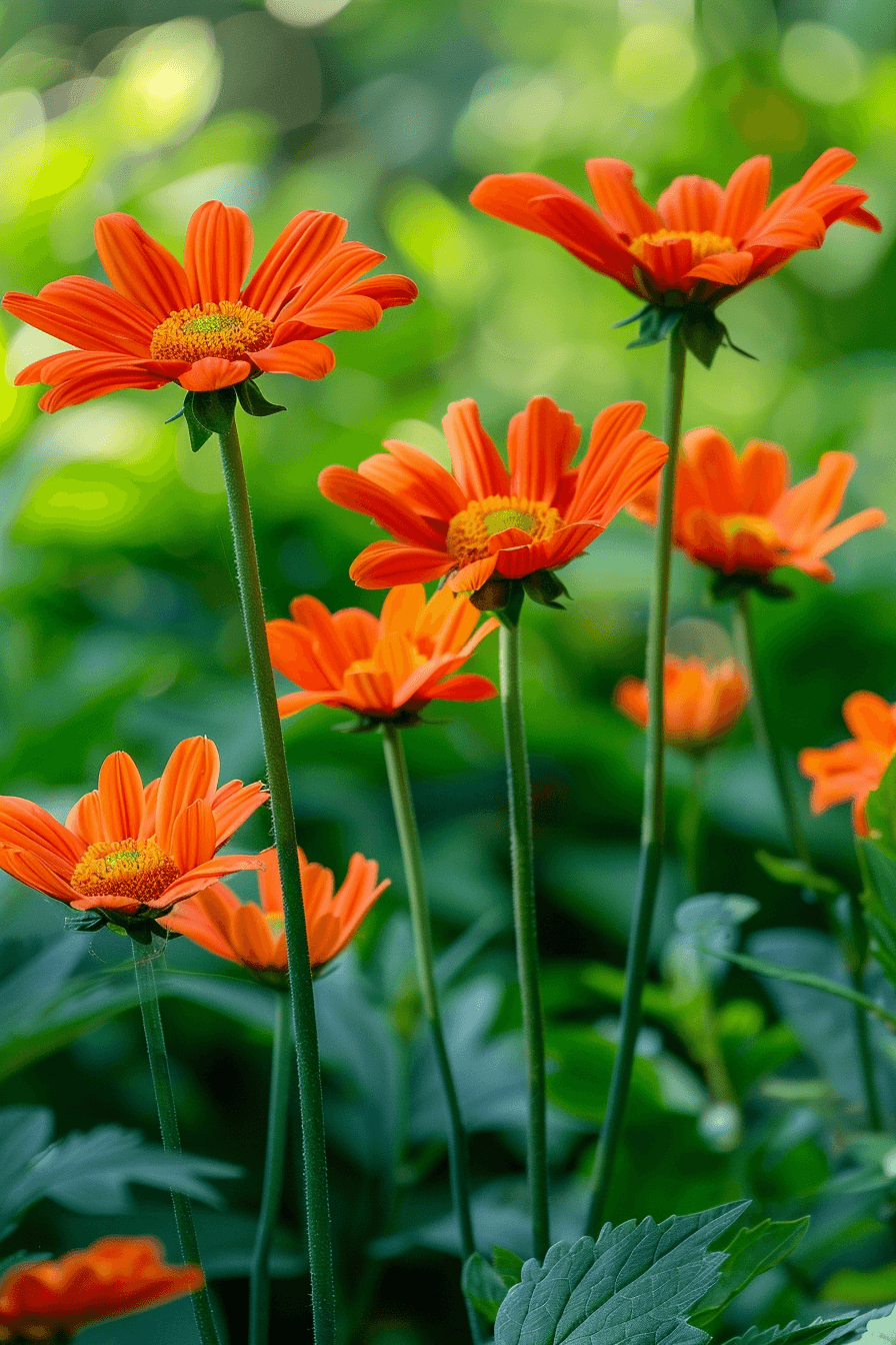Bright orange-red Torch Tithonia flower standing tall against green foliage