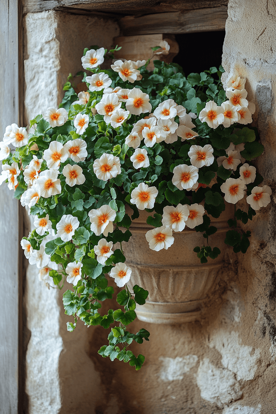 Trailing Boliviensis Begonia with delicate white and orange blooms cascading gracefully from a rustic wall-mounted planter, illuminated by soft ambient light.