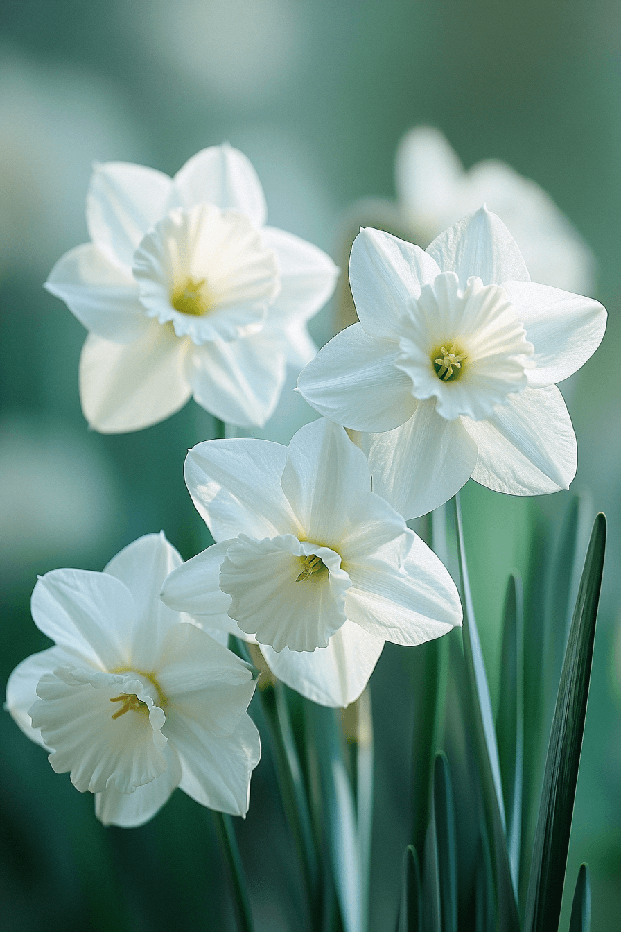 Graceful nodding triandrus daffodils like 'Thalia', with delicate white petals and translucent glow in soft natural light