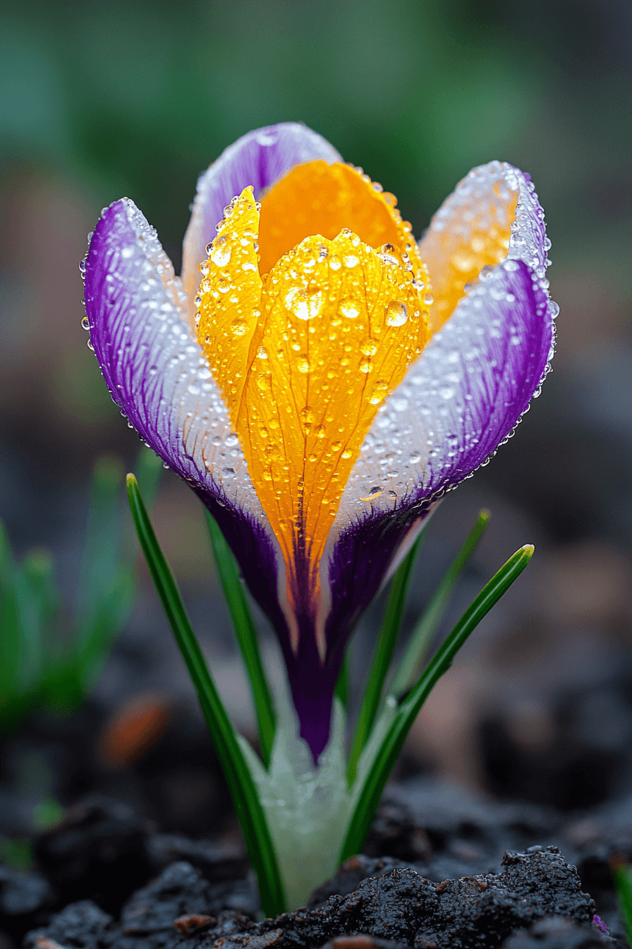 Crocus sieberi ‘Tricolor’ with striking layers of violet, white, and golden yellow, blooming like a painter’s palette.