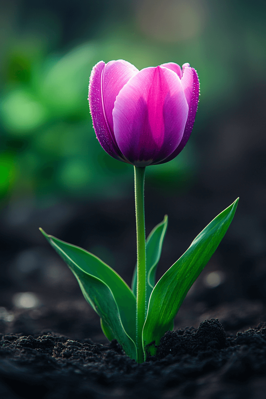 Purple Triumph tulip blooming in soft morning light, embodying quiet strength and balanced resilience.