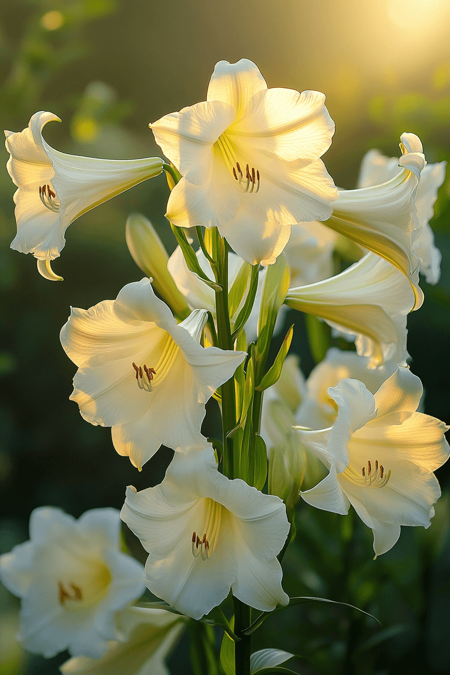 Elegant white trumpet lilies with long petals and creamy hues, blooming in a peaceful green garden.