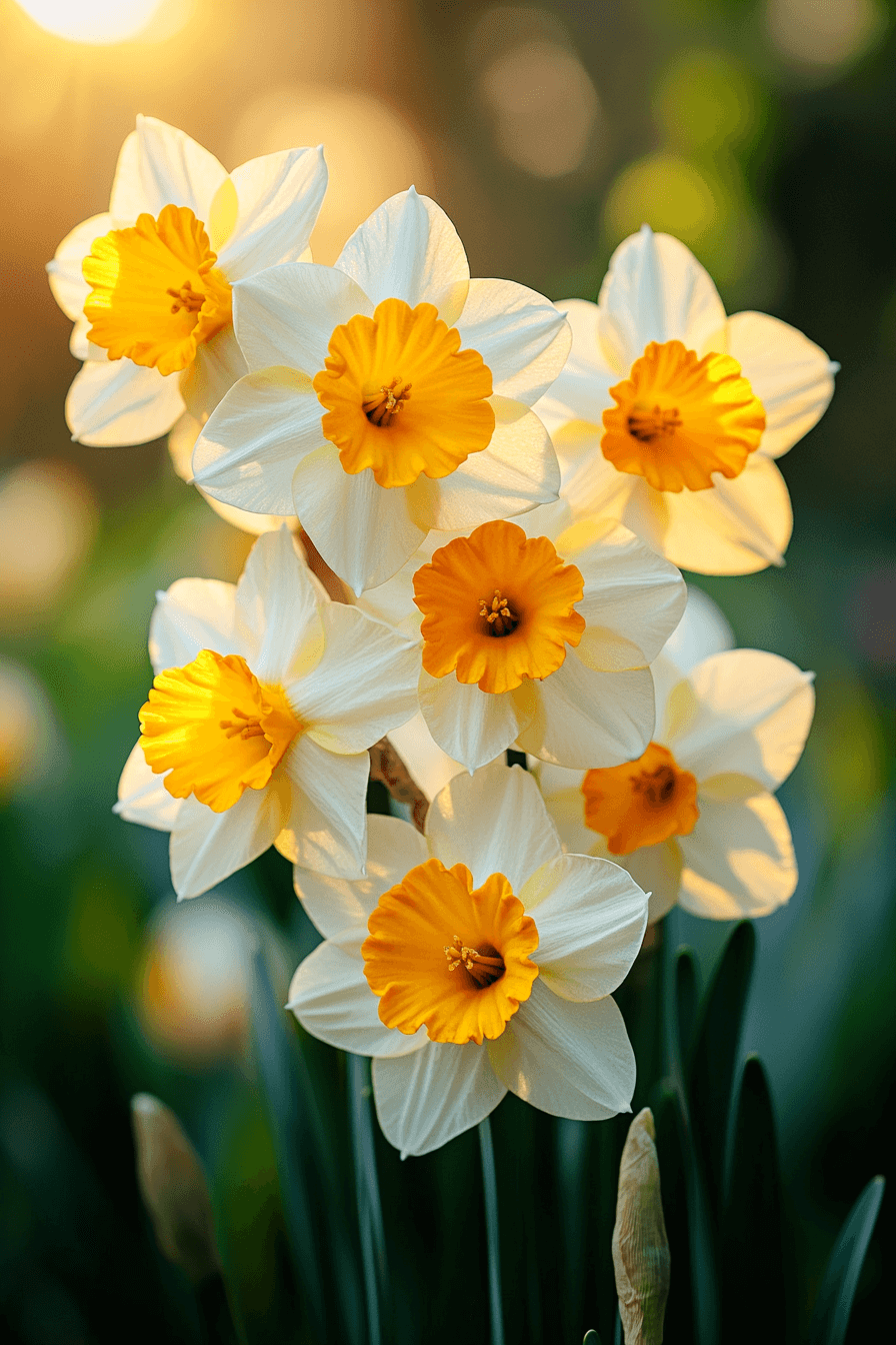 Close-up of bright yellow trumpet daffodils like 'Dutch Master' in early spring sunlight, showing prominent central corona and strong upright blooms