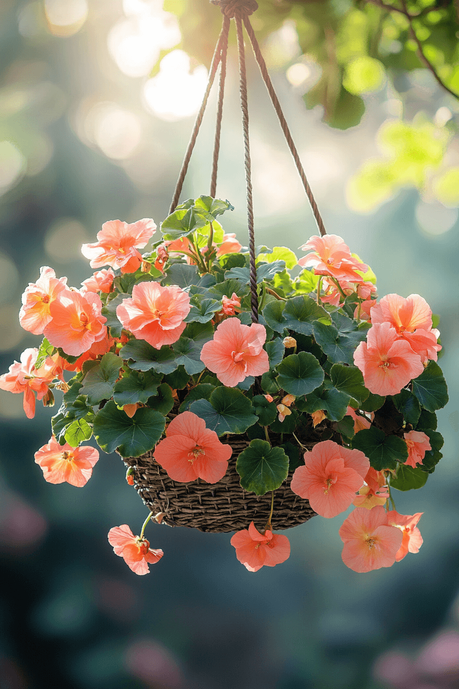 Bright coral and apricot Tuberous Begonia flowers cascading from a hanging basket on a sunlit balcony, capturing the joyful and extravagant bloom of summer.