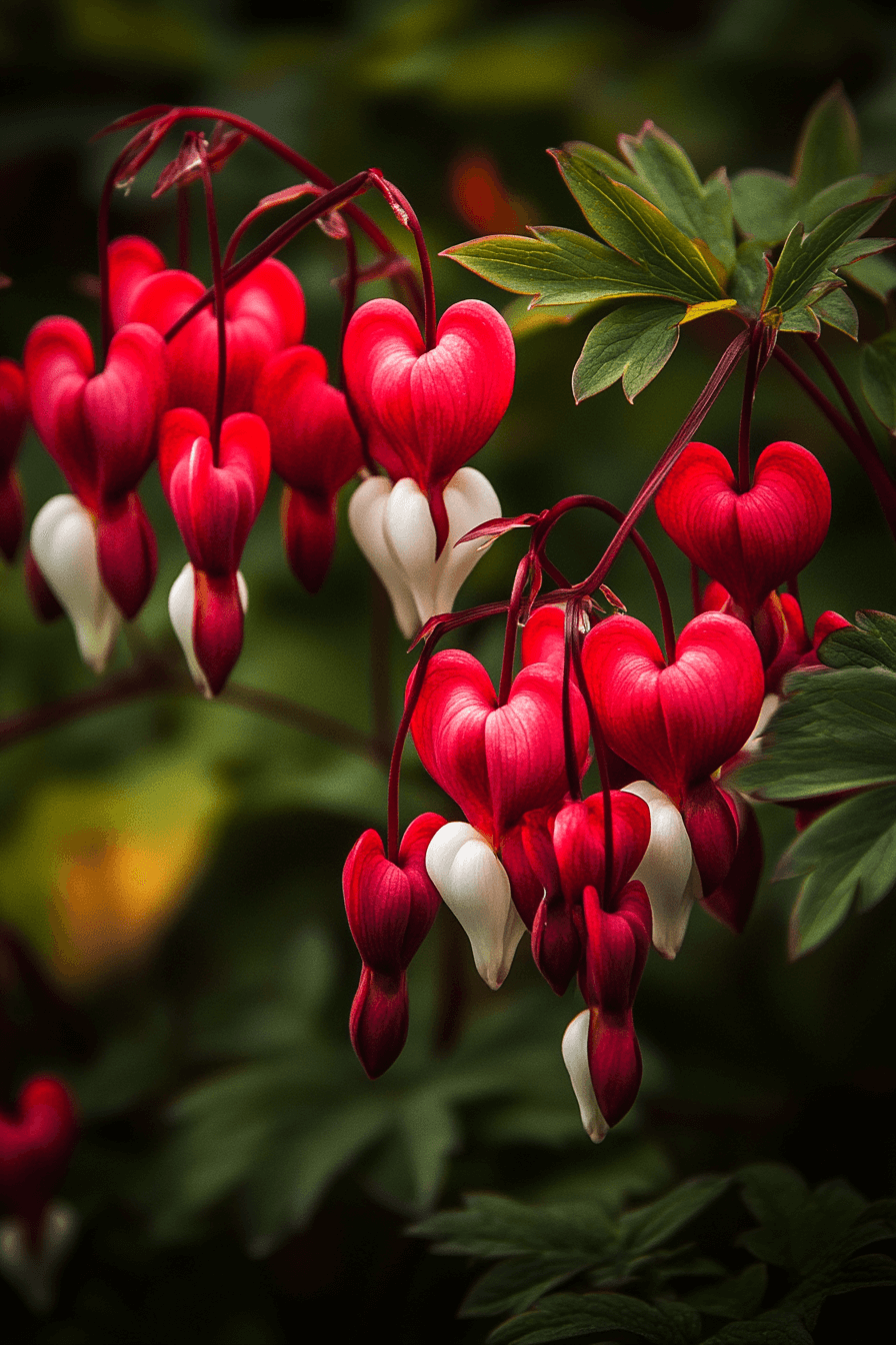 Deep red and white Bleeding Heart blooms on burgundy stems, a bold and romantic twist on the classic variety.