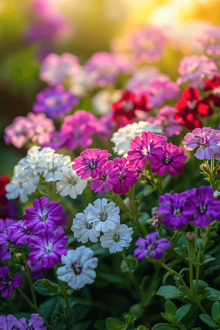 A vibrant mix of Verbena hybrida flowers in purple, pink, and white, blooming joyfully along a cottage garden path