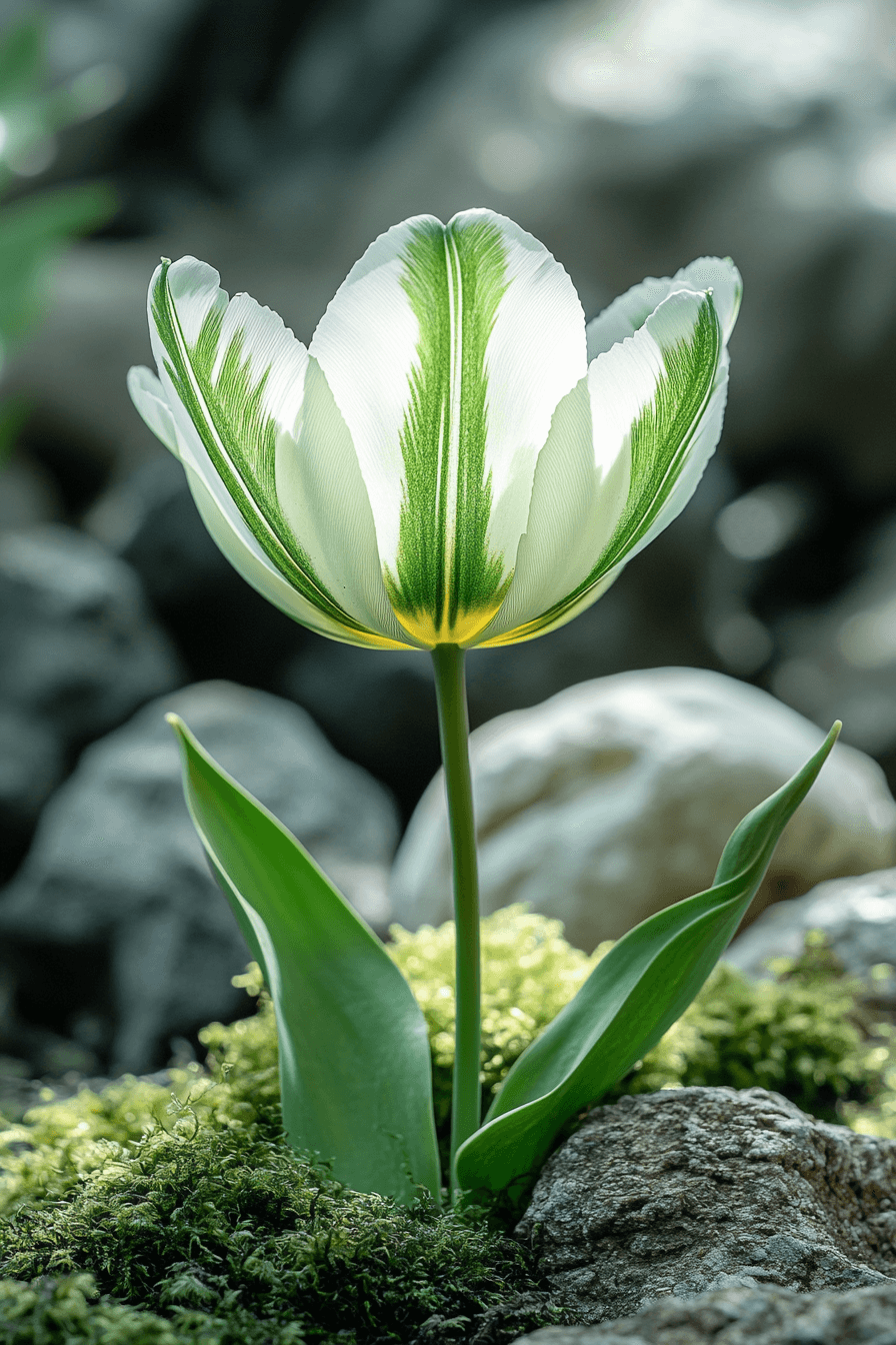 Green and white Viridiflora tulip blooming with minimalist elegance, reflecting serenity and artistic grace.