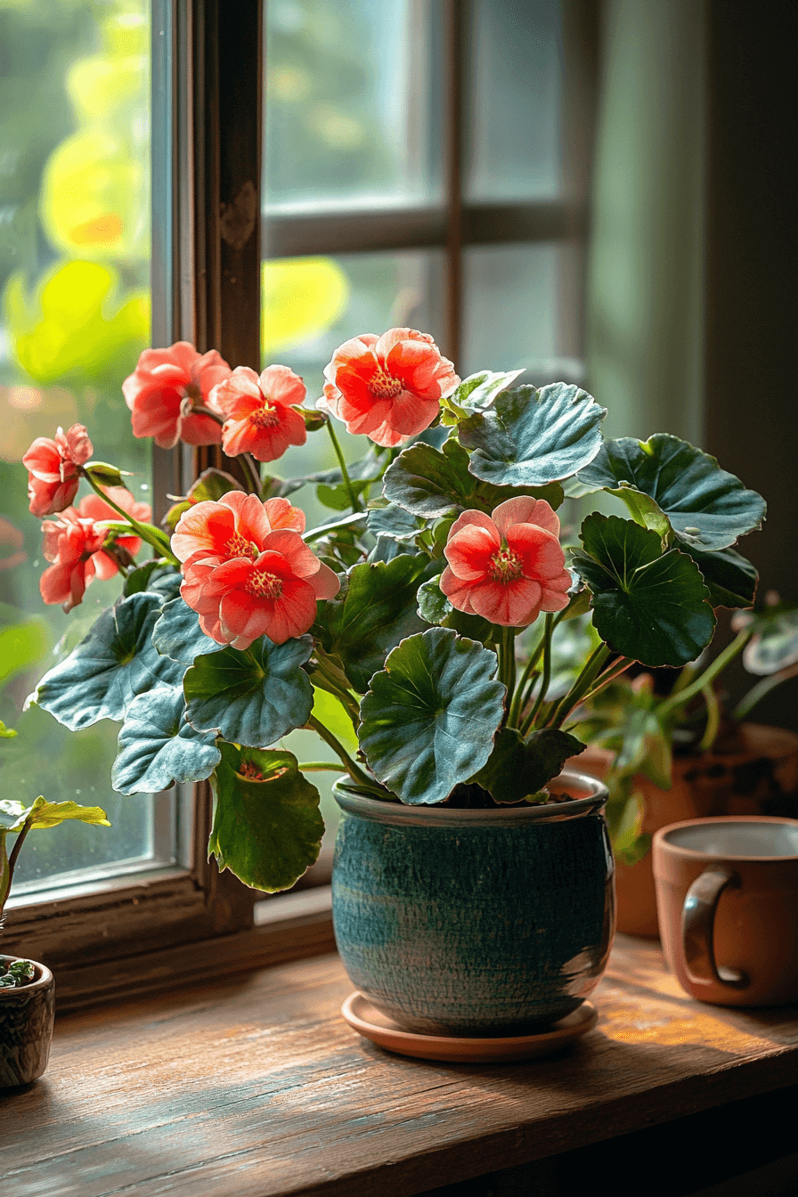 Humble Wax Begonia with waxy rounded leaves and small red flowers sitting peacefully on a kitchen windowsill bathed in gentle natural light.