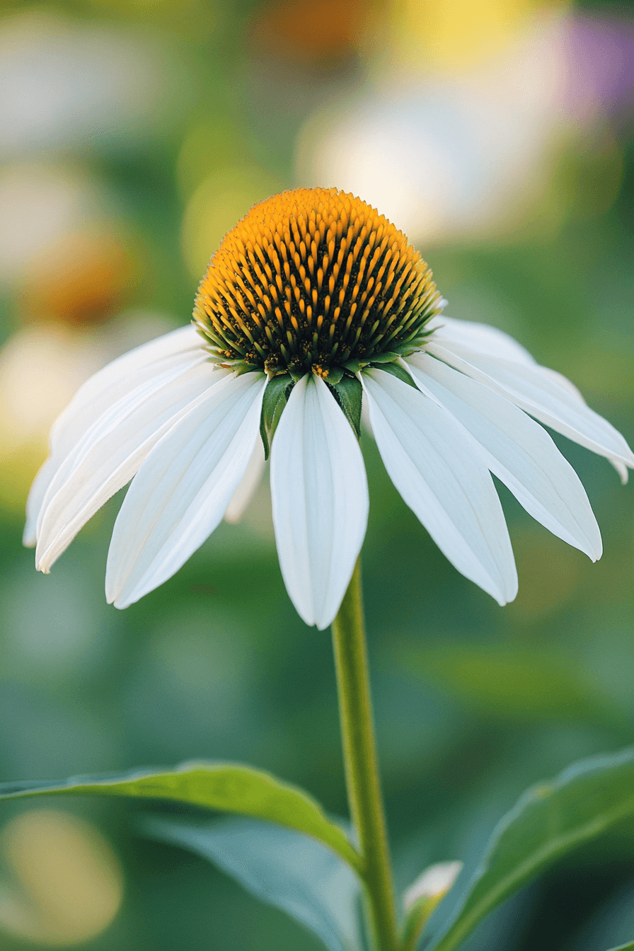 A serene ‘White Swan’ coneflower with ivory white petals and a golden cone, captured in soft, dappled light — a calming symbol of healing and new beginnings.