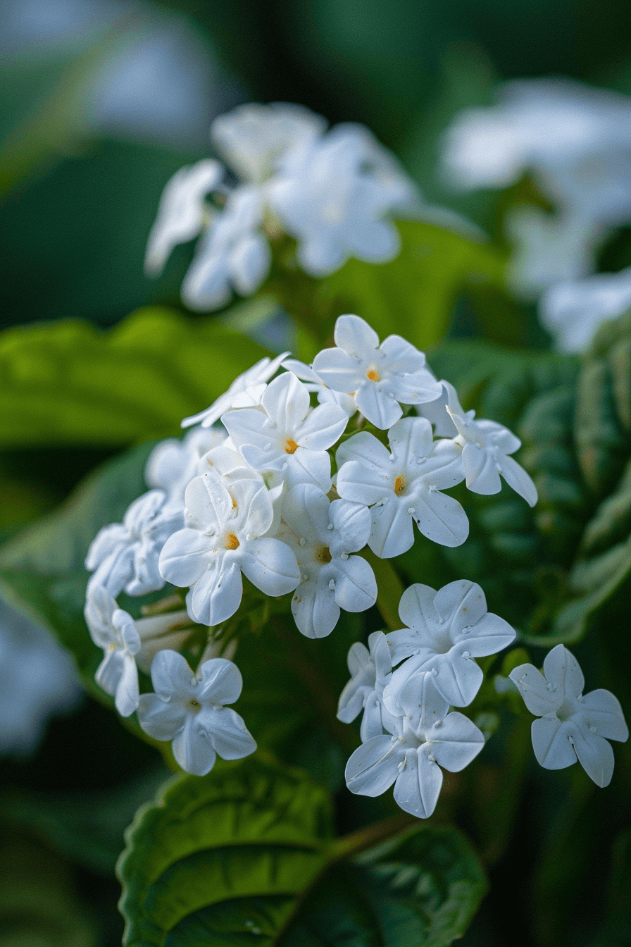 Pure white heliotrope flowers known as White Lady, clustered delicately on green foliage under soft sunlight.