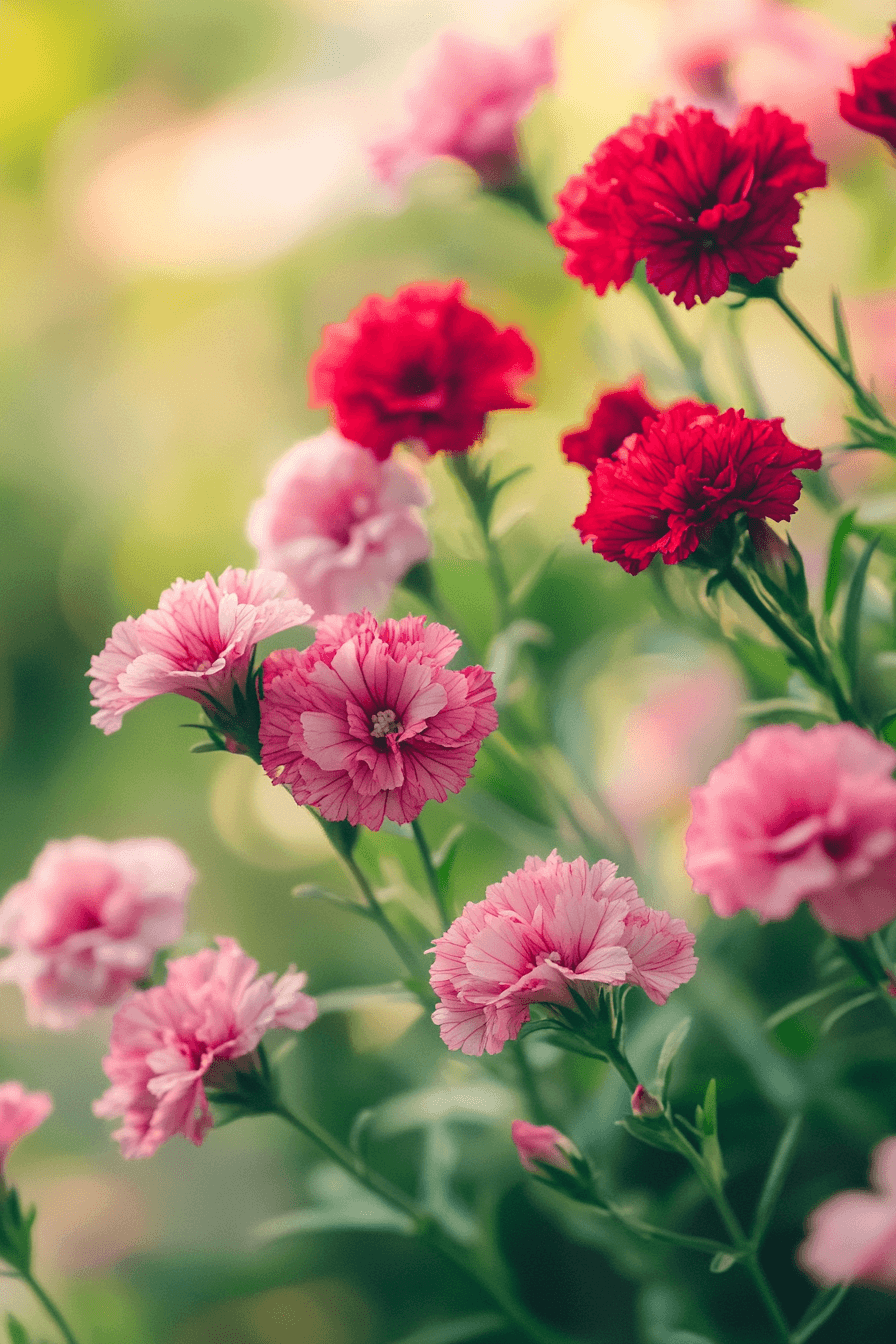 A vibrant display of Sweet William flowers with rich crimson, pink, and white blooms, standing tall against a sunlit garden backdrop, capturing their strong and elegant nature
