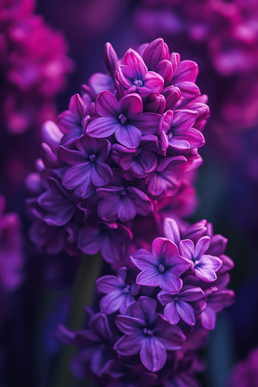 Deep magenta-purple Woodstock hyacinth blooms with rich, dramatic tones and bold garden presence.
