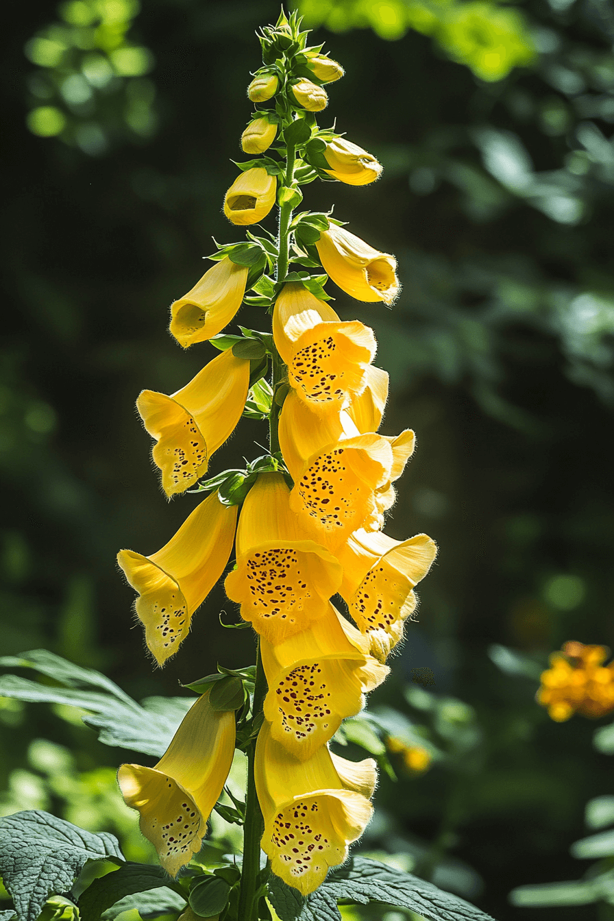 Bright yellow foxglove flowers (Digitalis grandiflora) with tubular bell-shaped blossoms clustered on tall stalks, glowing warmly under sunlight in a garden