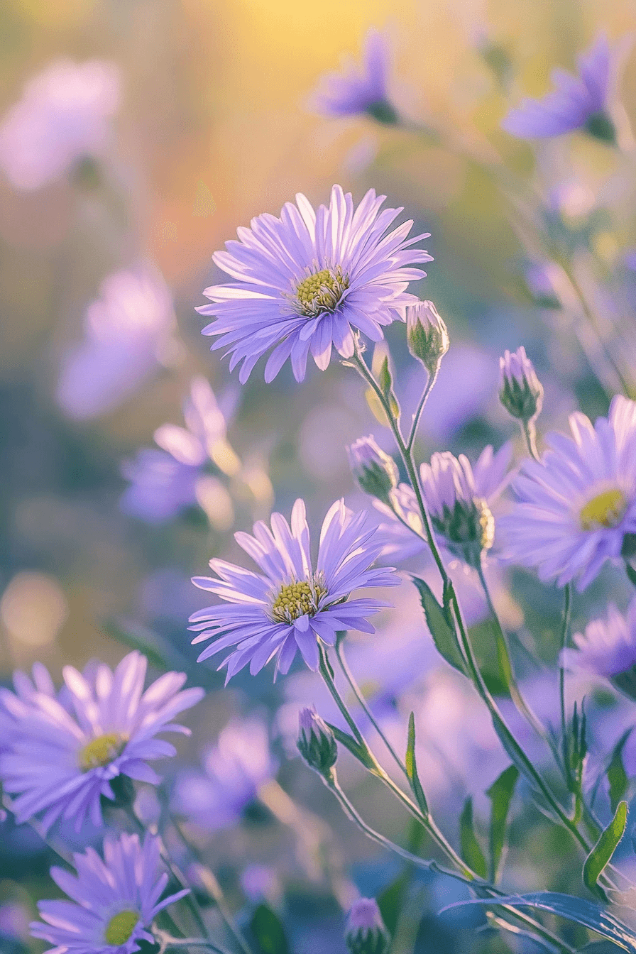 Close-up of a New York Aster displaying soft lavender-blue petals with yellow centers, blooming gently in a peaceful garden setting.
