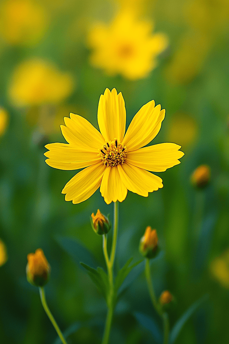 Dense cluster of golden yellow Coreopsis lanceolata ‘Zagreb’ flowers growing in a wildflower meadow under natural sunlight.