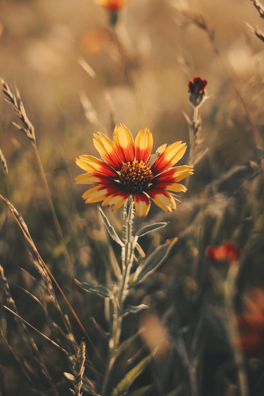 A wild Gaillardia aristata flower growing naturally in a meadow, displaying fiery red center fading into golden yellow petals under soft sunlight
