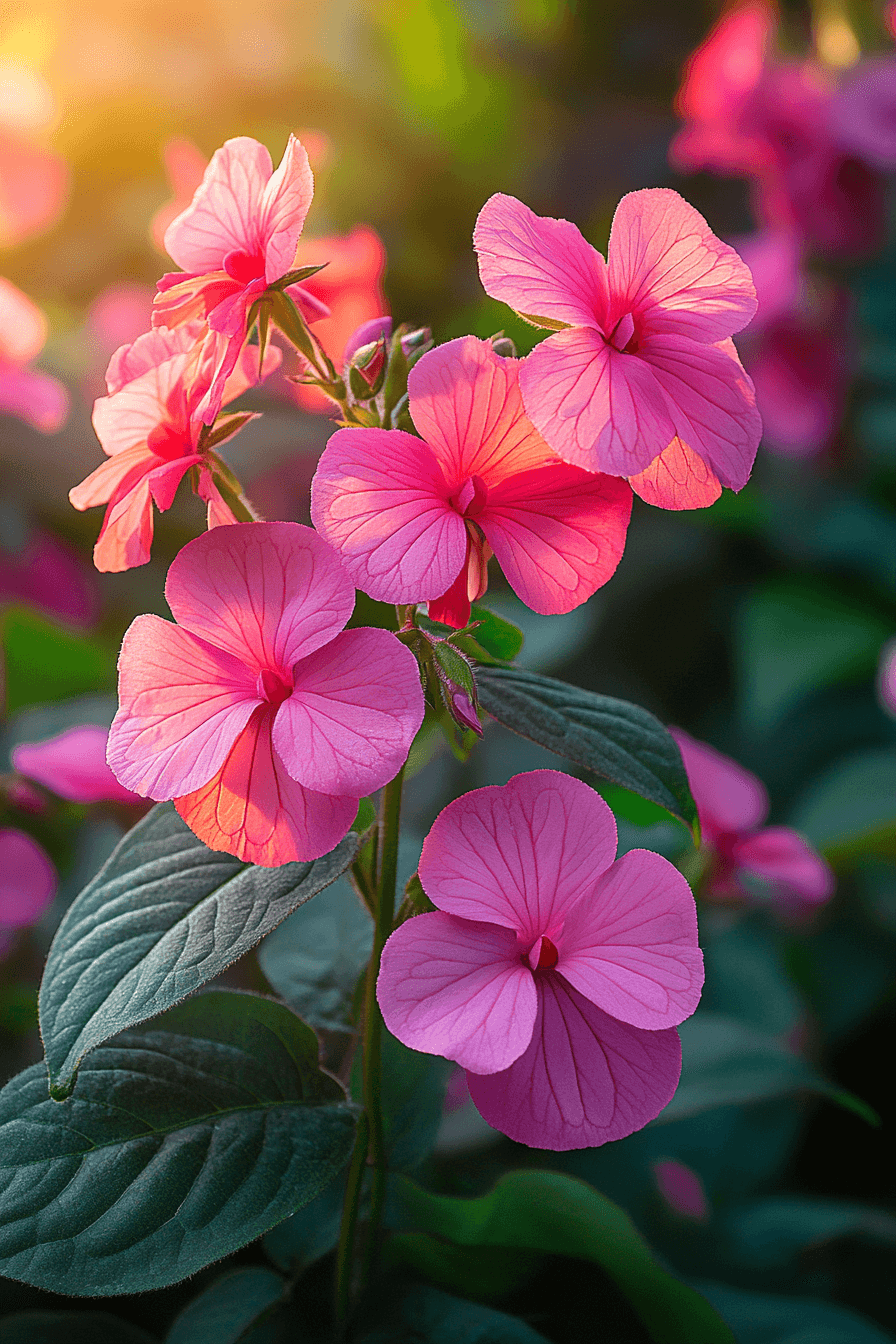 Elegant Impatiens balsamina flowers with layered pink petals standing tall in a tranquil corner of the garden — graceful and poised, like poetry rooted in soil.