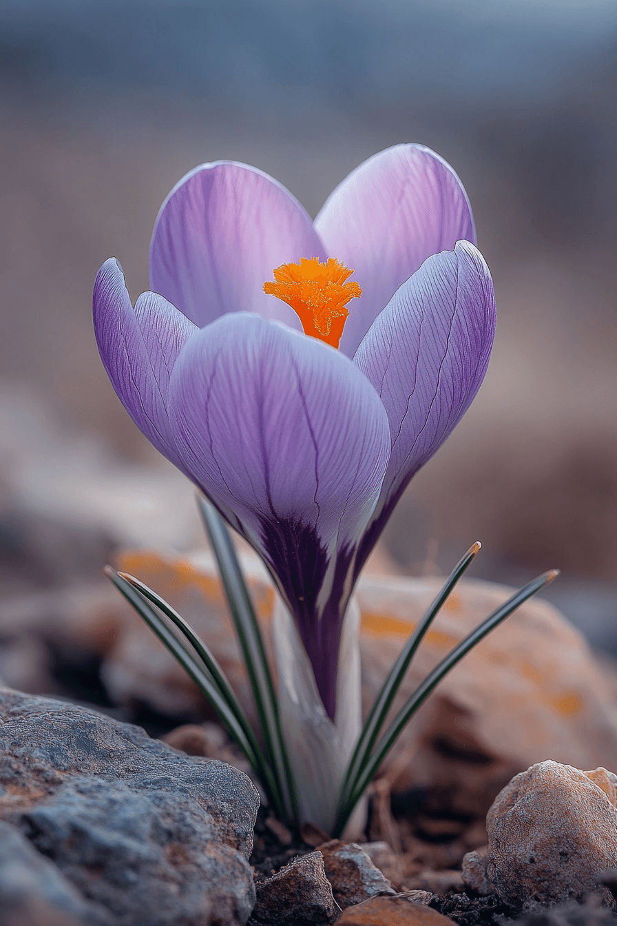 Asymmetrical crocus banaticus blooming wildly,its petals fierce and soft, thriving in untamed garden soil.