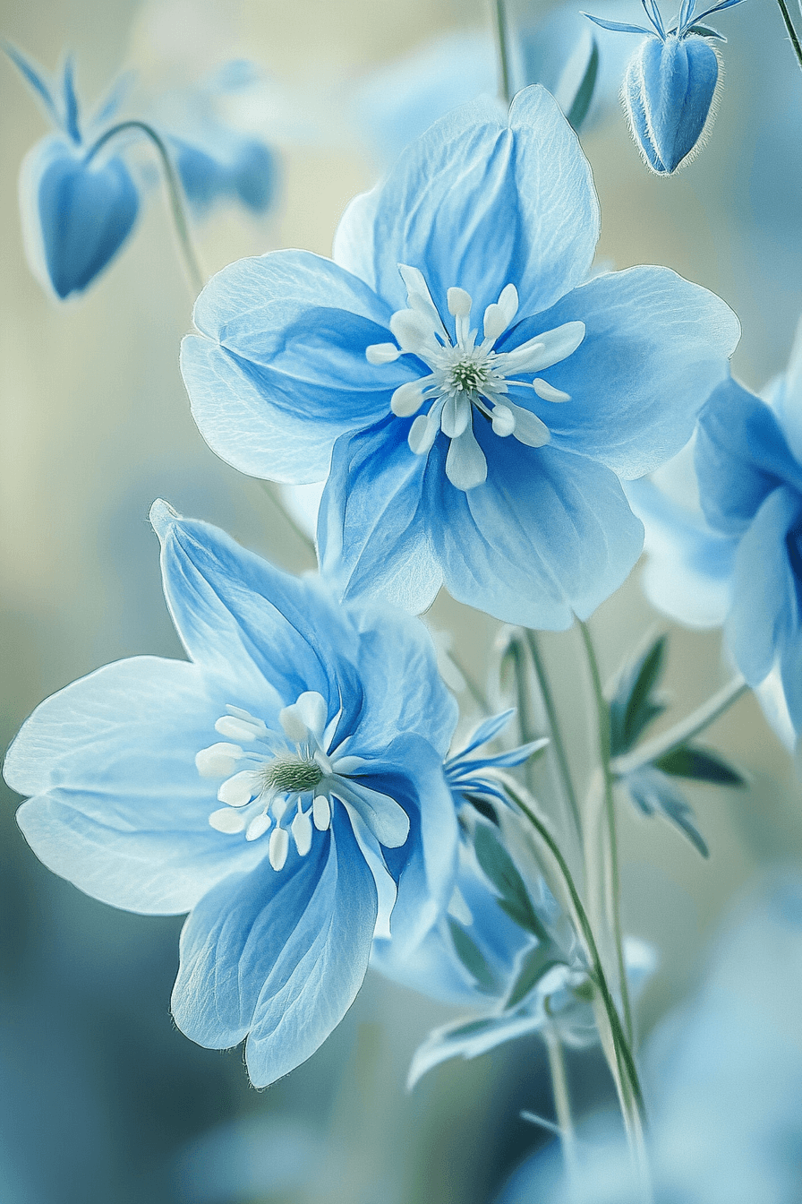 Photorealistic close-up of Aquilegia caerulea flowers with gentle blue petals and white accents, captured in cool natural light with green leaves softly blurred behind.